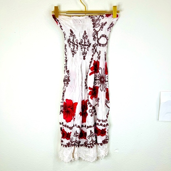 Strapless Smocked Dress White Pink Floral Boho Beach Cover-Up Small 27.5” Length - Picture 6 of 9